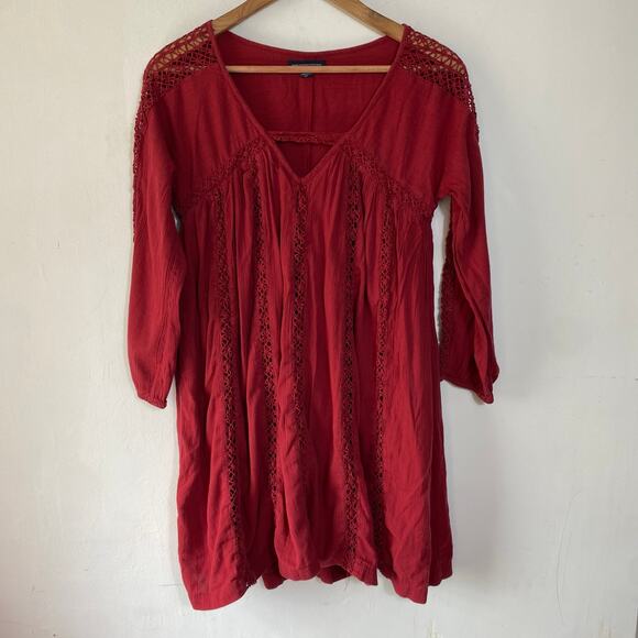 American Eagle Maroon XS Babydoll Dress Boho Crochet Y2K Flowy Festival Style - Picture 2 of 9